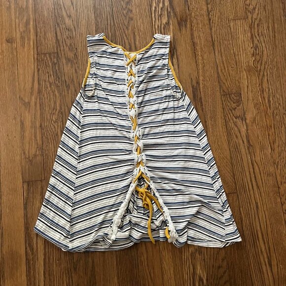 Y2K Yellow and Blue Small Striped Babydoll Top with Lace Up Back - Picture 1 of 5